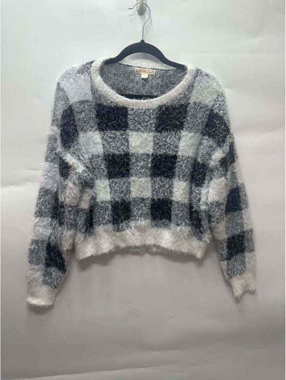 It's Our Time Sweater black white plaid fuzzy sweater size large